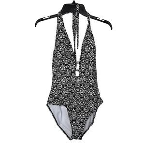 Lauren Ralph Lauren Geometric Print Halter One-Piece Swimsuit Black White US 10